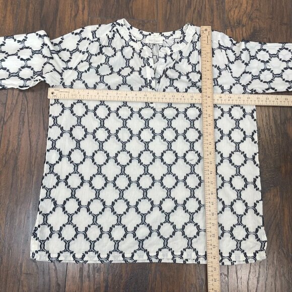 LOFT Top XS Ivory Navy Blue Textured Lightweight Cotton Popover Blouse Women's - Picture 8 of 13